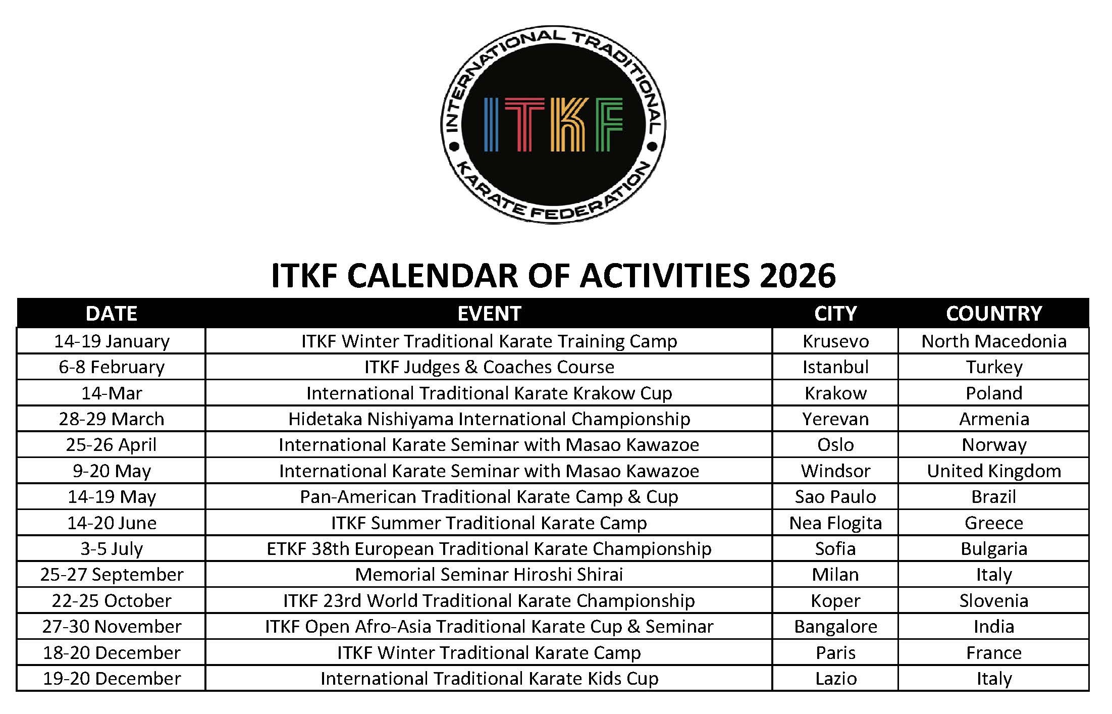 ITKF Calendar 2026